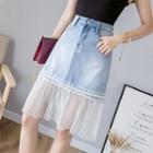 Mesh Paneled Lace Trim A-line Denim Skirt