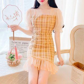 Puff-sleeve Mesh Panel Plaid Mini Sheath Dress