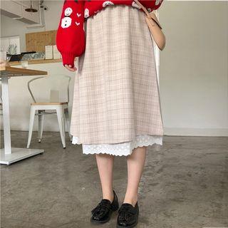 Lace Panel Plaid A-line Skirt As Shown In Figure - One Size