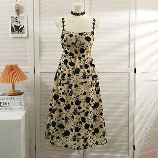 Sleeveless Rose-print Midi Dress