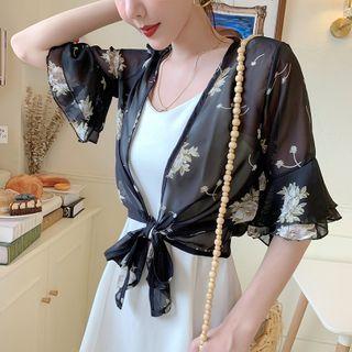 3/4-sleeve Floral Print Chiffon Light Jacket