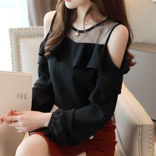 Long-sleeve Cold Shoulder Mesh-panel Blouse