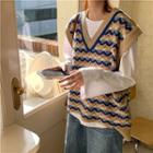 Pattern V-neck Loose-fit Knit Vest As Figure - One Size