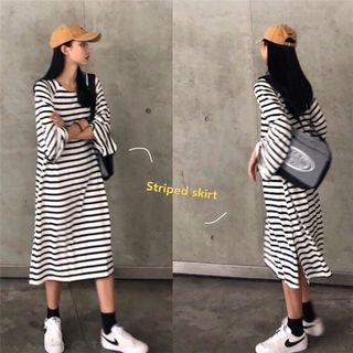 Long Sleeve Striped T-shirt Dress Stripes - Black & White - One Size