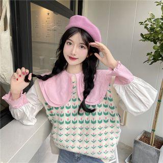 Long-sleeve Sailor Collar Top / Floral Jacquard Sweater Vest