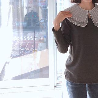 Layered-lace Wide-collar T-shirt