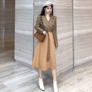 Plaid Panel Tie-waist A-line Midi Dress