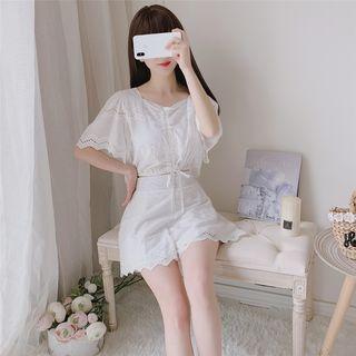 Elbow-sleeve Perforated Drawstring A-line Mini Dress