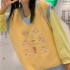 Floral Embroidered Vest / Long-sleeve Plain Sweatshirt