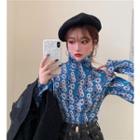Turtleneck Long-sleeve Ruched Top Blue - One Size