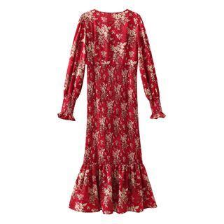 Long-sleeve Flower Print Ruffle Hem Midi Sheath Dress