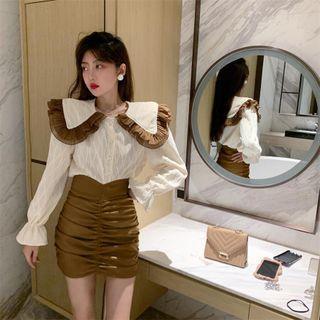 Ruffle Trim Collar Blouse / Shirred Mini Pencil Skirt