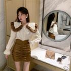 Ruffle Trim Collar Blouse / Shirred Mini Pencil Skirt