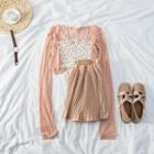 Set: Plain Cardigan + Floral Camisole + High-waist Pleated Skirt