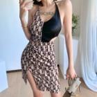 Halter-neck Numbering Paneled Cutout Sheath Dress