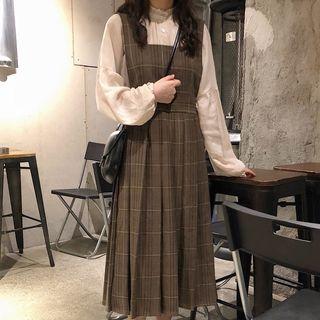 Long-sleeve Chiffon Blouse / Midi Pleated Plaid Jumper Dress