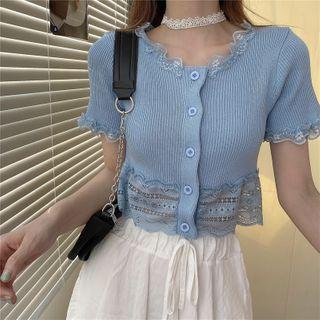 Short-sleeve Lace Trim Crochet Knit Cardigan