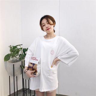 Smiley Face Print Elbow-sleeve T-shirt