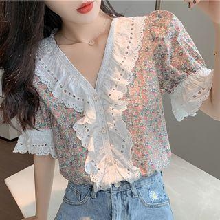 Short-sleeve Floral Chiffon Lace Trim Blouse