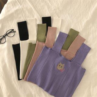 Cat Embroidered Sleeveless Knit Top