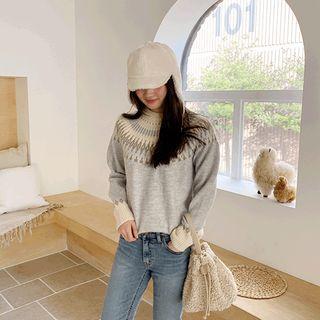 Crew-neck Patterned Sweater Blue - One Size