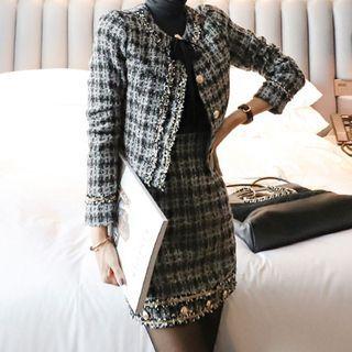 Set: Tweed Button-up Jacket + Mini Straight-fit Skirt