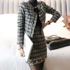 Set: Tweed Button-up Jacket + Mini Straight-fit Skirt