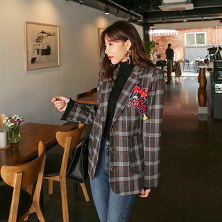 Plaid Single-breasted Blazer With Brooch (3 Pcs)