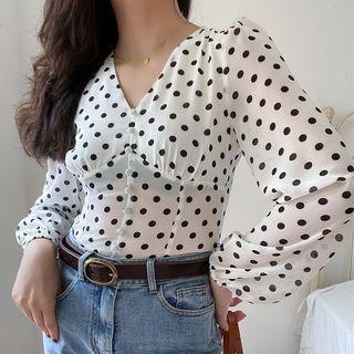 Balloon-sleeve V-neck Dotted Chiffon Blouse
