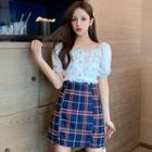 Set: Short-sleeve Lace Top + Plaid Skirt