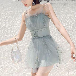 Spaghetti Strap Sequined Mesh Swimdress