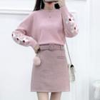 Flower Embroidered Sweater / High-waist A-line Skirt / Set