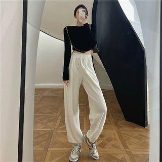 Long-sleeve Plain Cropped T-shirt / Harem Sweatpants