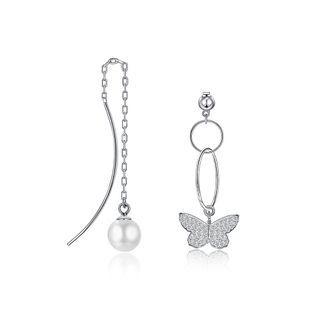 925 Sterling Silver Butterfly Asymmetric Earrings With Fashion Pearl And Austrian Element Crystal Silver - One Size