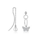 925 Sterling Silver Butterfly Asymmetric Earrings With Fashion Pearl And Austrian Element Crystal Silver - One Size