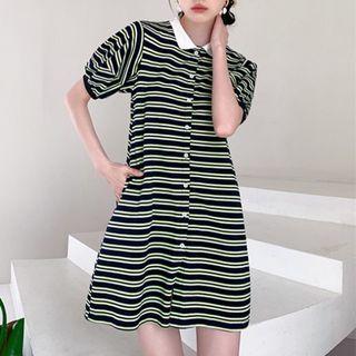 Short-sleeve Striped Mini Shirt Dress Stripes - Black & White - One Size