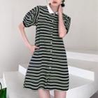Short-sleeve Striped Mini Shirt Dress Stripes - Black & White - One Size