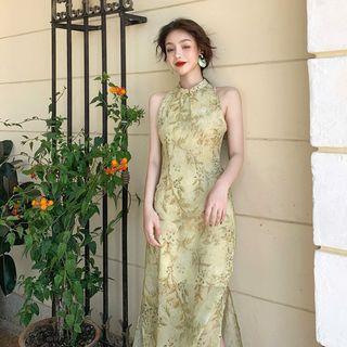 Print Sleeveless Qipao Dress Yellow - One Size