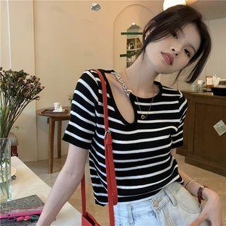Asymmetrical Short-sleeve Chained Striped T-shirt