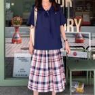 Sailor Collar Short-sleeve Blouse / Plaid A-line Skirt