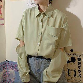 Front Pocket Slit-sleeve Button-down Shirt