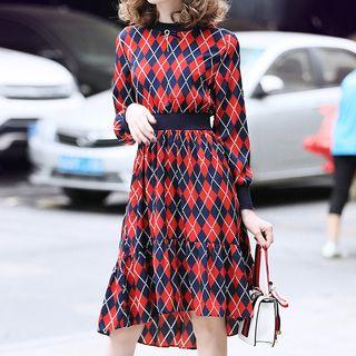 Argyle Print Long-sleeve A-line Dress
