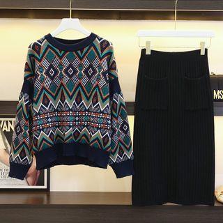 Set: Patterned Sweater + Straight-fit Rib Knit Skirt