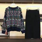 Set: Patterned Sweater + Straight-fit Rib Knit Skirt