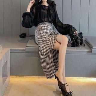 Bell-sleeve Chiffon Blouse / Midi Plaid Sheath Skirt