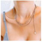 Rhinestone Layered Chained Necklace Silver - One Size
