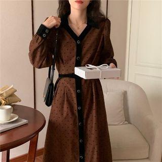 Long-sleeve A-line Midi Dress Brown - One Size