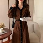 Long-sleeve A-line Midi Dress Brown - One Size
