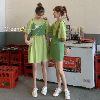Lettering Short-sleeve T-shirt / Suspender Skirt / Plain Short-sleeve T-shirt Dress / Camisole / Set