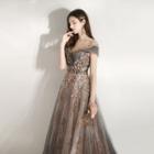 Short-sleeve Sequined Mesh A-line Evening Gown
